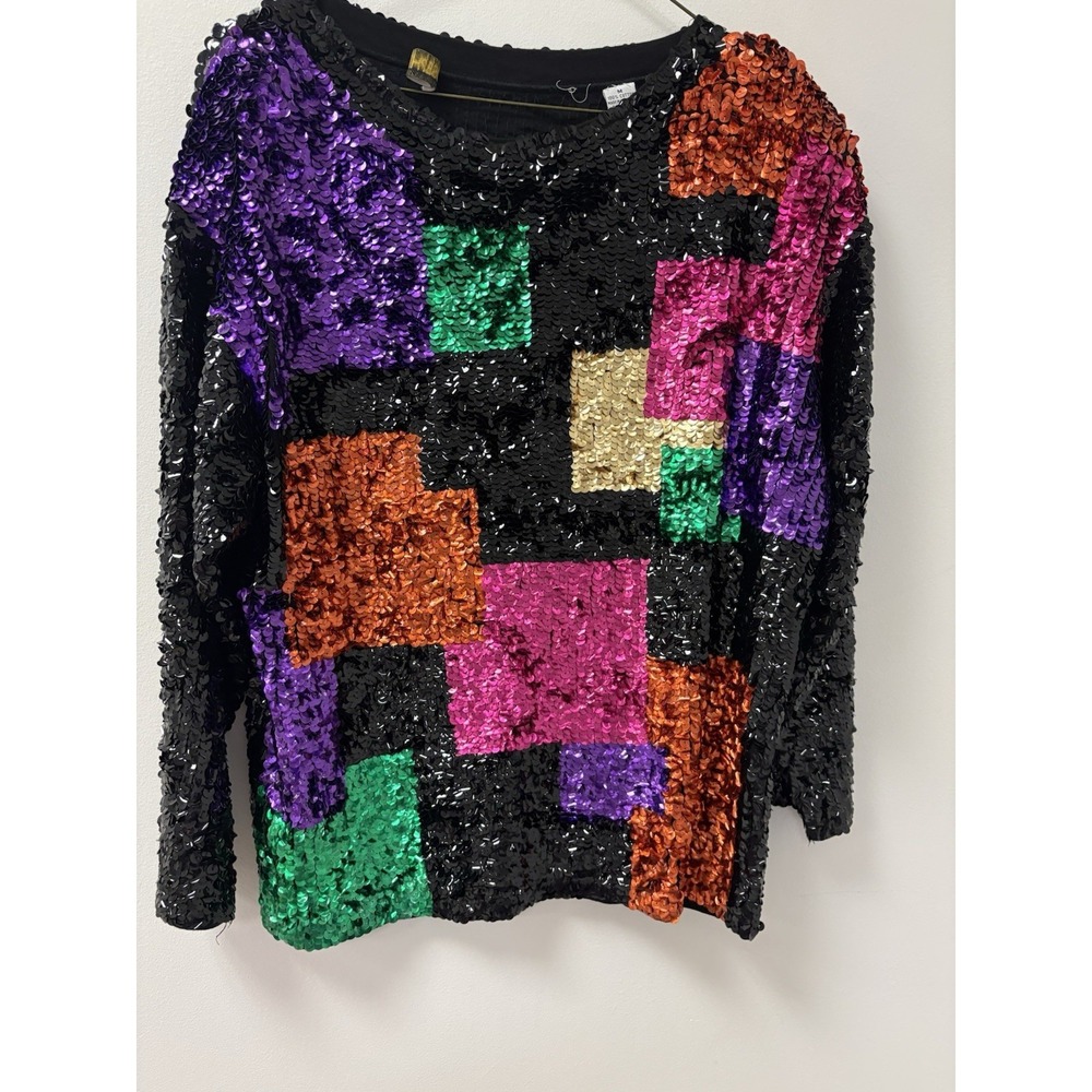Vintage Holiday 1980s Glam Sequins Disco Party Cocktail Top Sz Medium Measures L